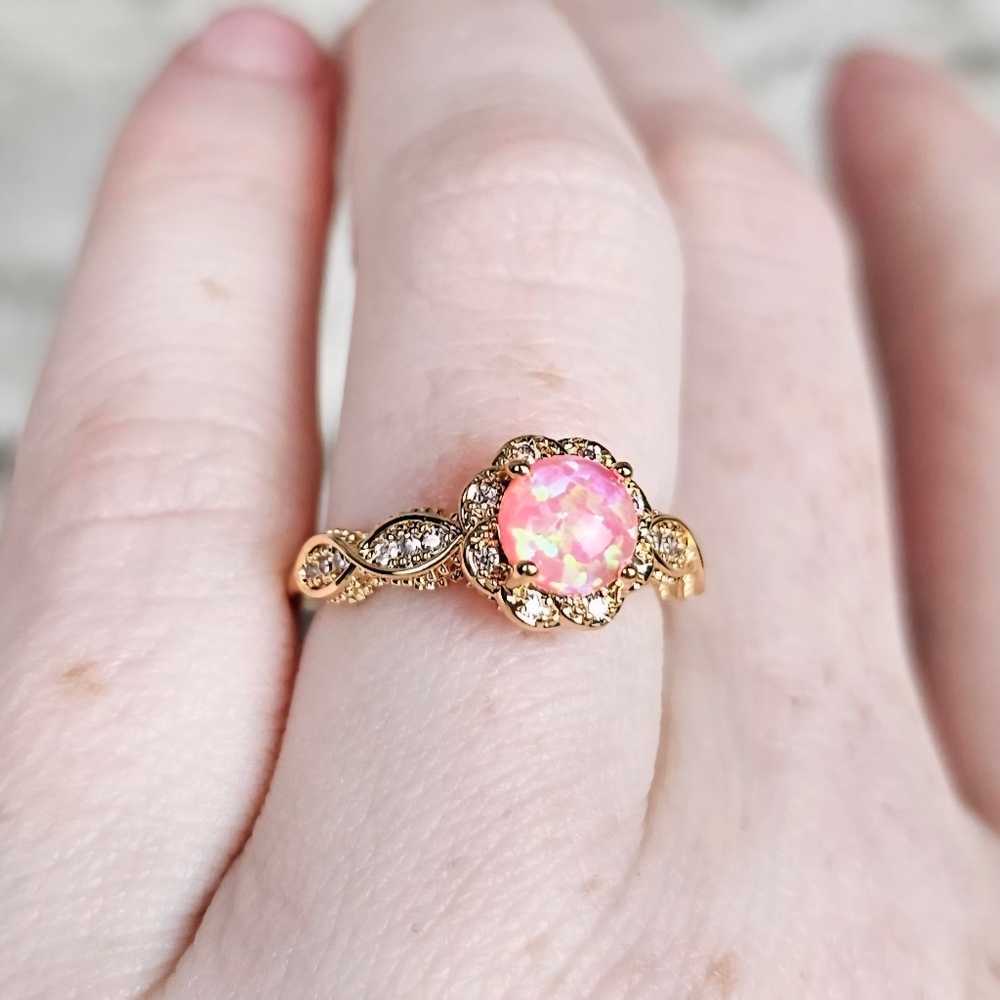 14k Gold Plated Pink Fire Opal Enchantment Ring